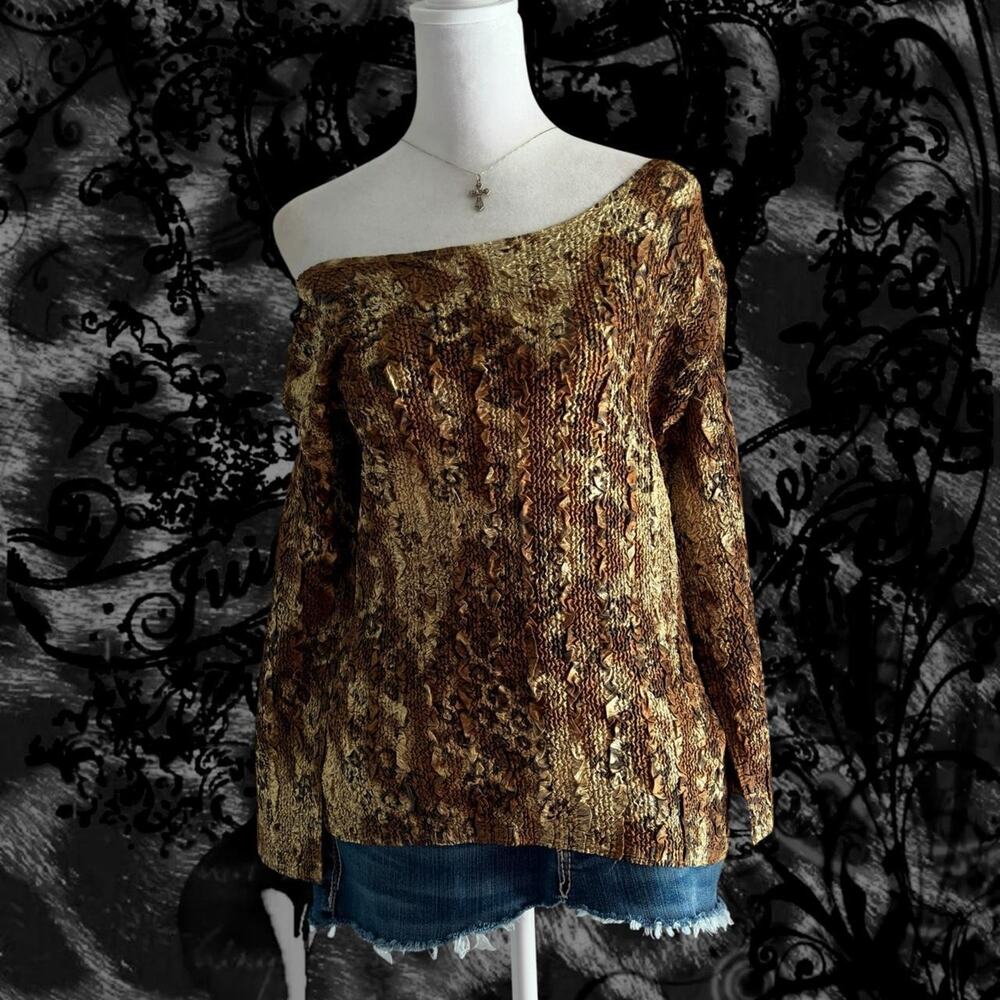 crushed crinkly texture snakeskin-inspired brown tan metallic gold glam top